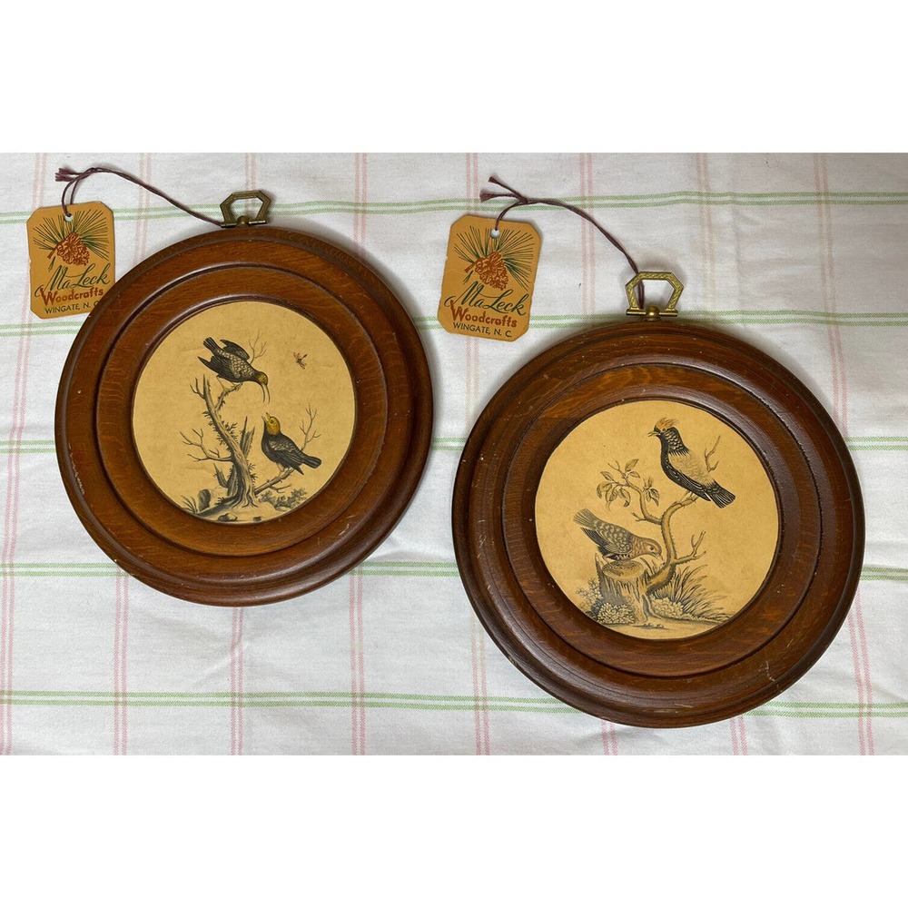 Pair Genuine MaLeck Wood Crafts Round Bird Wall Hangings